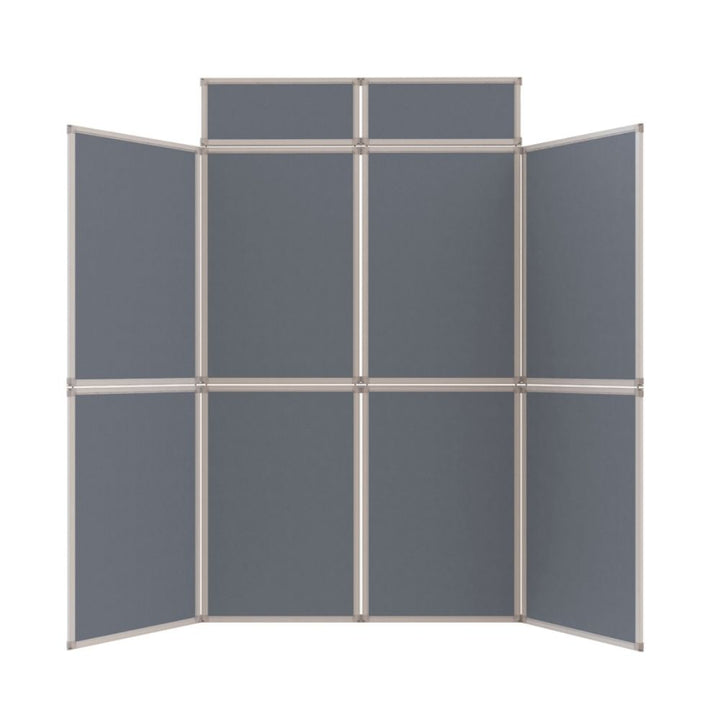 Dark grey eight-panel folding display board with silver aluminium frame shown on a white background, with top headers attached and side panels angled.