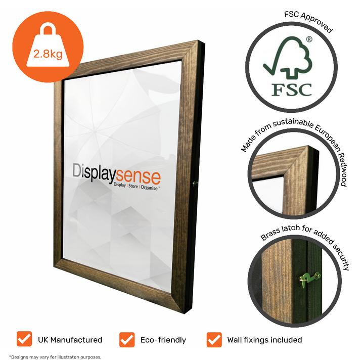 A high-quality dark oak A2 wooden poster case, designed for wall mounting, offering a sophisticated and durable way to showcase promotional materials in retail and corporate spaces.
