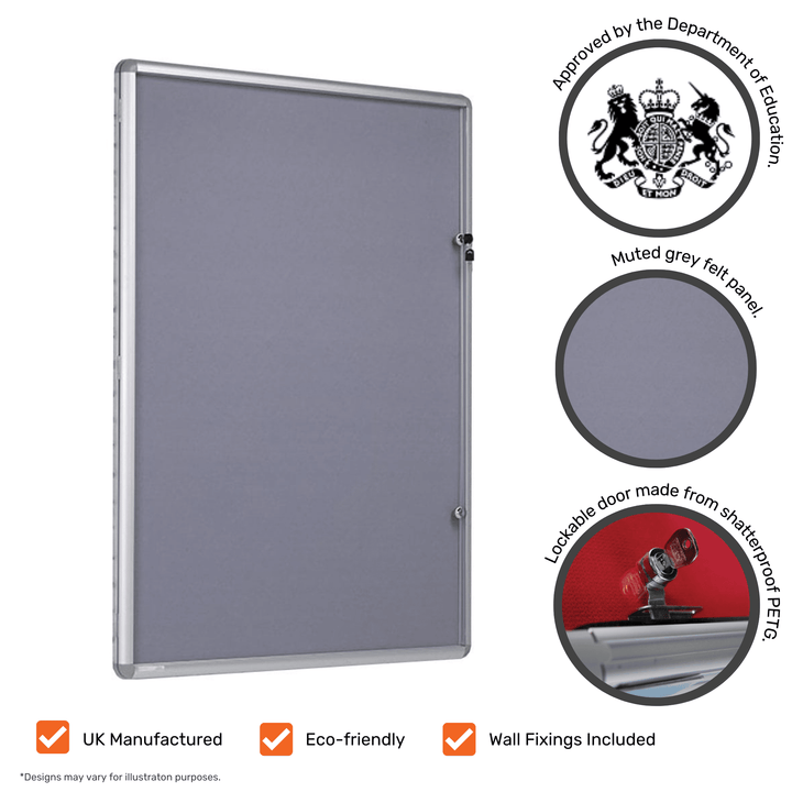 Grey felt tamperproof noticeboard approved by the Department for Education, with a lockable single door in shatterproof PETG and wall fixings included for school use.
