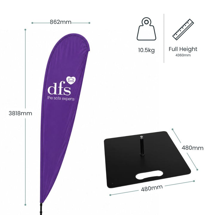 Specification image showing DFS feather flag dimensions with ground spike base and full 4360mm display height.