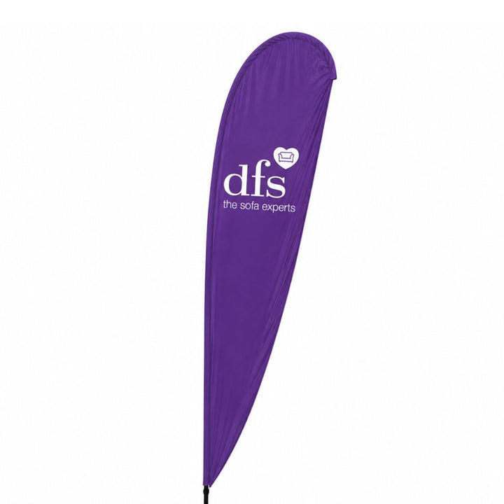 Purple DFS promotional feather banner featuring the sofa experts branding for outdoor retail advertising and events.