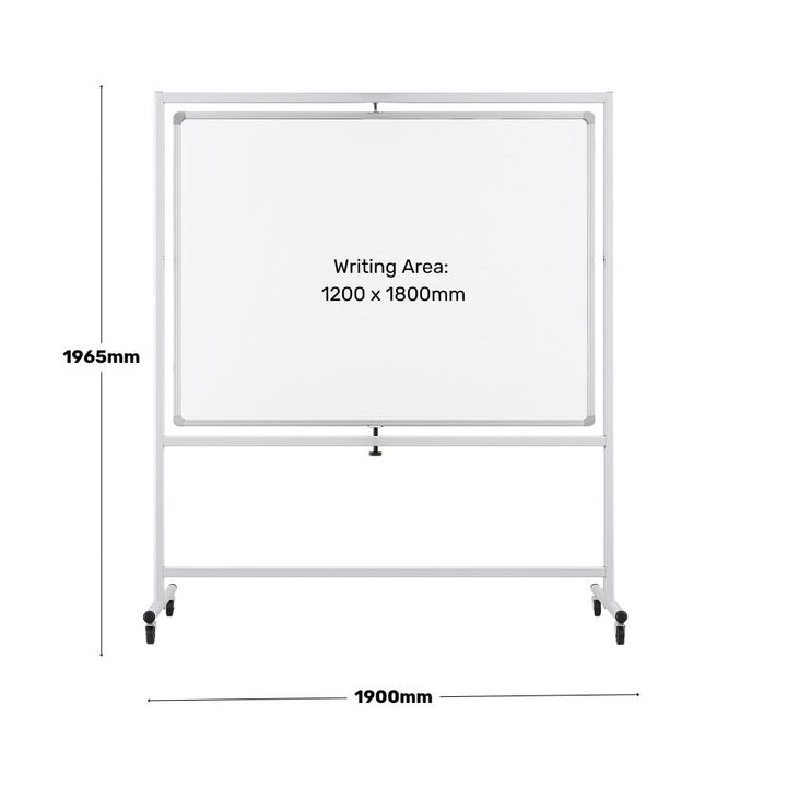 Technical diagram of a horizontal mobile whiteboard showing full dimensions: 1900mm width and 1965mm height, set against a white background.

