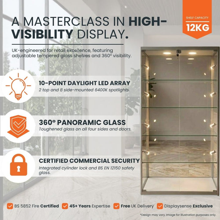 12kg shelf capacity, a 10-point daylight LED array with two top and eight side-mounted 6400K spotlights, 360° panoramic toughened glass on all four sides and doors, an integrated cylinder lock with BS EN 12150 safety glass, and BS 5852 fire certification.

