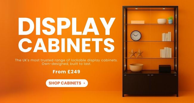 Lockable glass display cabinet with shelves and decorative items against an orange background, promoting a UK range of display cabinets from £249.