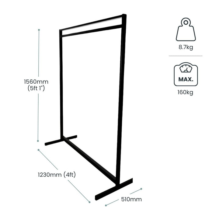 Dimension diagram for the 4ft black display garment rail: 1560mm tall, 1230mm wide, 510mm deep, 8.7kg unit weight and 160kg maximum load capacity.
