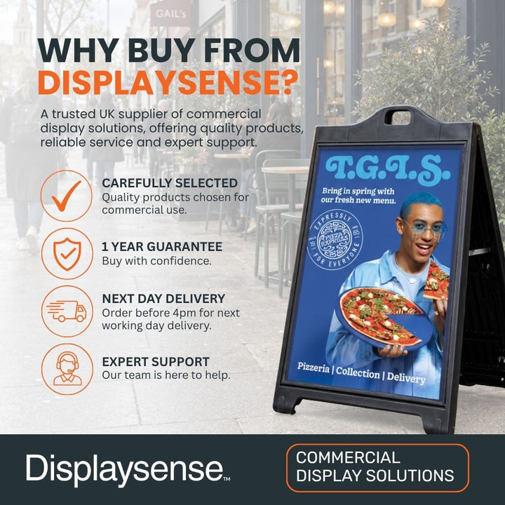 Displaysense black A1 A-board pavement sign for commercial outdoor poster advertising.
