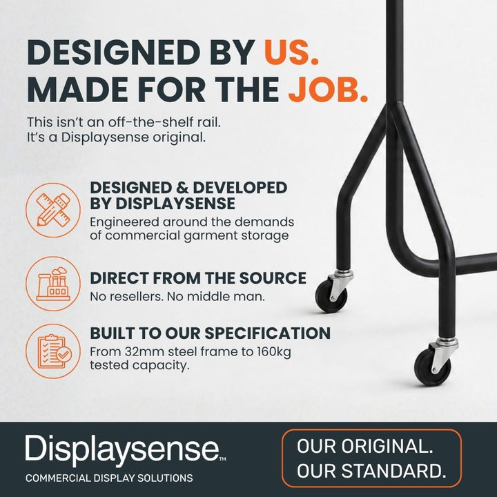 Displaysense-designed black heavy duty clothes rail with a 32mm steel frame and independently tested 160kg load capacity.