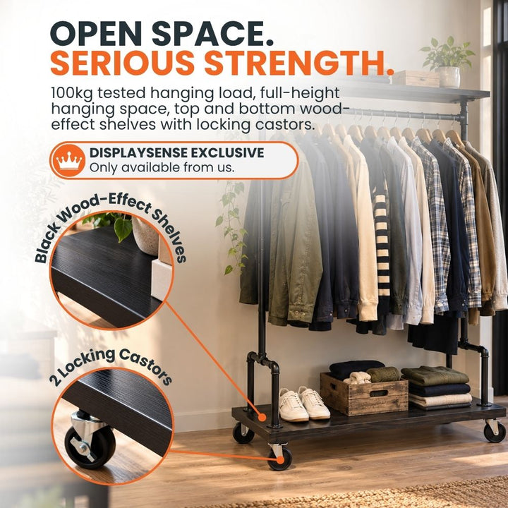 Displaysense exclusive clothes rail combining full-height hanging space with black wood-effect top and bottom shelves plus two locking castors.