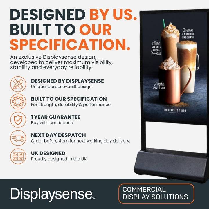 Displaysense WTA1B black A1 waterbase pavement sign highlighting its commercial design features