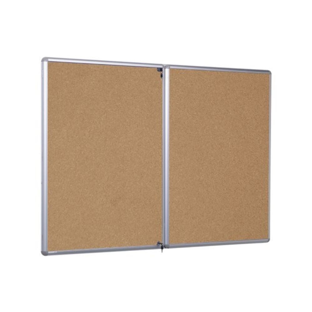 Wide-format lockable noticeboard with two cork panels and a silver aluminium frame, secured with a double-door locking mechanism.

