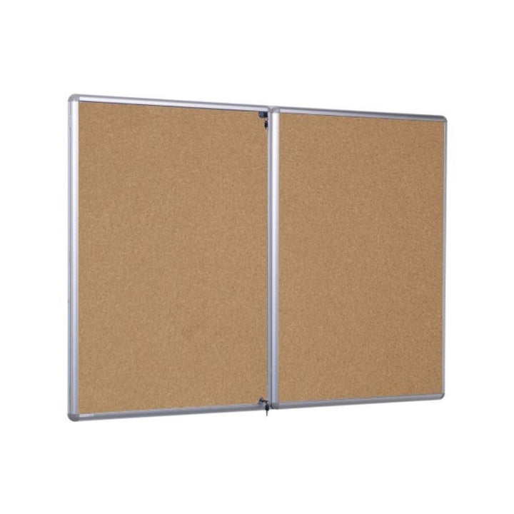 Wide-format lockable noticeboard with two cork panels and a silver aluminium frame, secured with a double-door locking mechanism.

