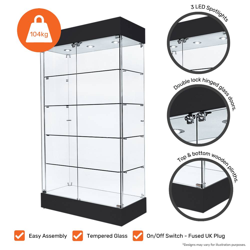 Lockable black wooden display cabinet with double doors and a frameless design, measuring 1000mm wide.

