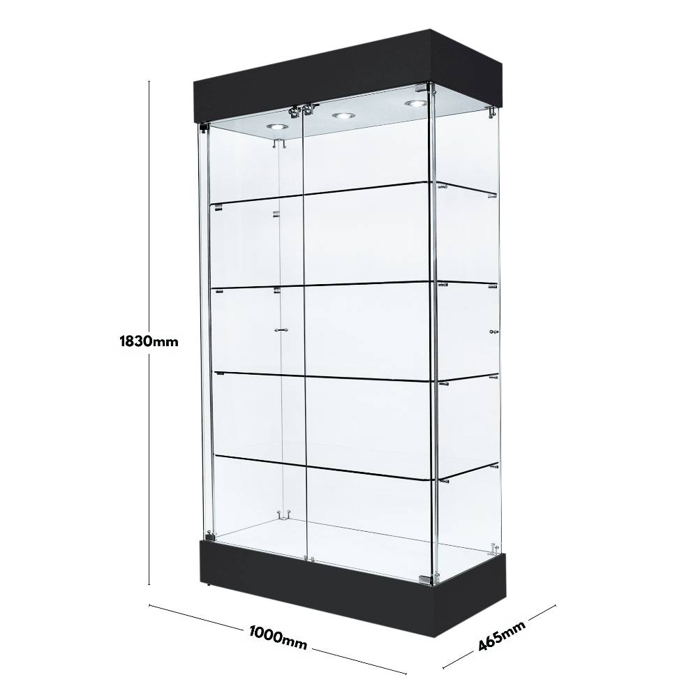 1000mm wide black wooden frameless display cabinet with double lockable doors, perfect for securing items.
