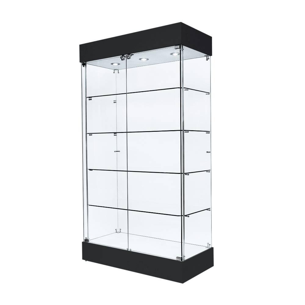 Double Door Lockable Black Wooden Frameless Glass Display Cabinet - 1000mm