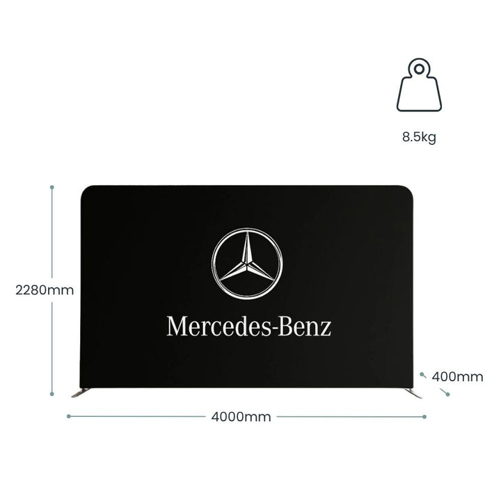 large-black-double-sided-tension-fabric-exhibition-backdrop-display-with-mercedes-benz-graphic-showing-4000mm-width-2280mm-height-400mm-depth-and-8-5kg-weight