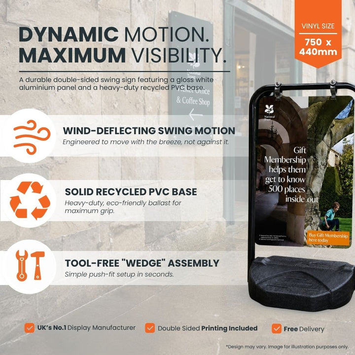 Double-sided outdoor swing sign featuring wind-deflecting motion, recycled PVC base and tool-free wedge assembly for maximum visibility.