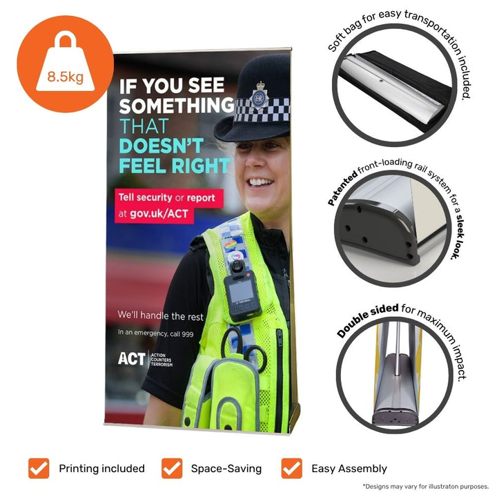 Double-sided pop-up roller banner promoting ACT campaign with a durable base and eye-catching security alert message.