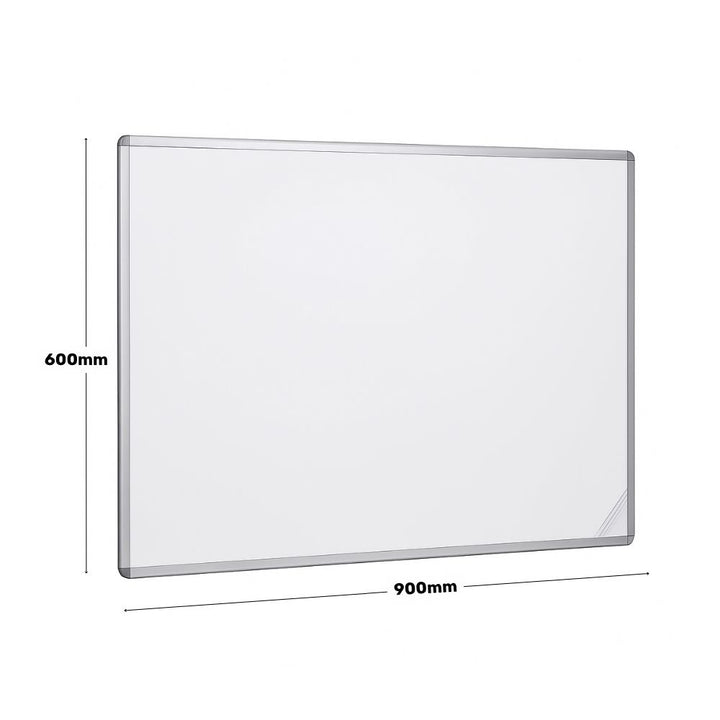 Dry wipe whiteboard with 900mm x 600mm dimensions displayed, shown at an angle.