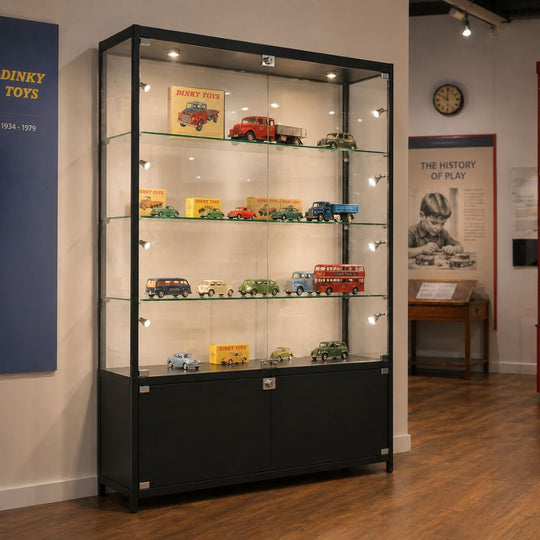Black Aluminium Lockable Glass Storage Display Cabinet with 3 Adjustable Shelves & 10 LED Lights 1800mm High x 1200mm Wide
