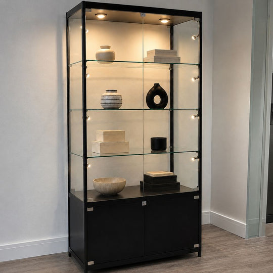 Black Aluminium Lockable Glass Storage Display Cabinet with 3 Adjustable Shelves & 10 LED Lights 1800mm High x 800mm Wide
