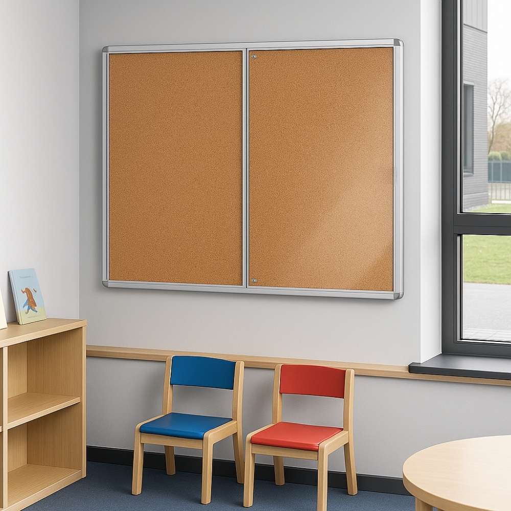 Double-panel cork noticeboard with silver aluminium frame mounted on a wall in a nursery classroom, with small red and blue children's chairs and a low bookshelf nearby.