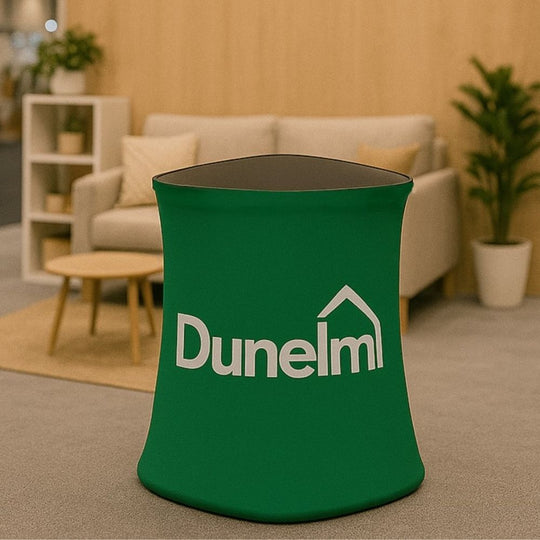 Triangular Fabric Exhibition Counter with Black Wooden Countertop inc. Graphic Printing Service - 600mm