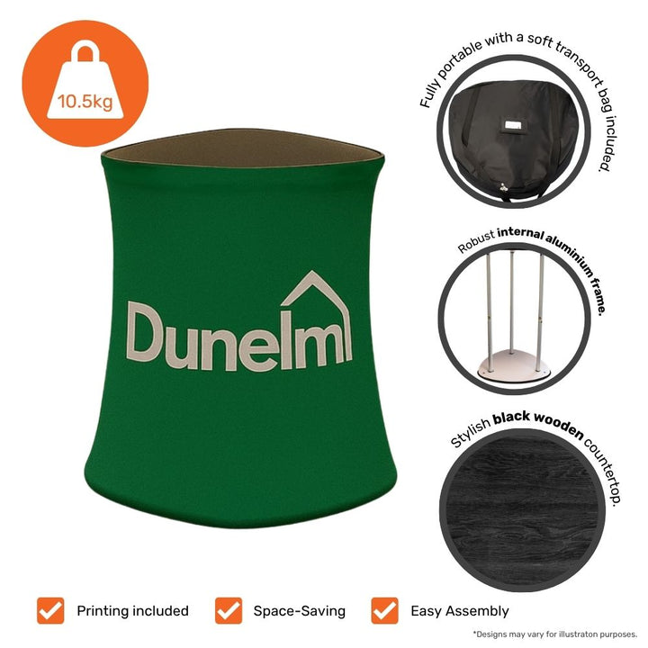 600mm triangle fabric counter – with black wooden top and printed branding, ideal for small displays and pop-up stands  