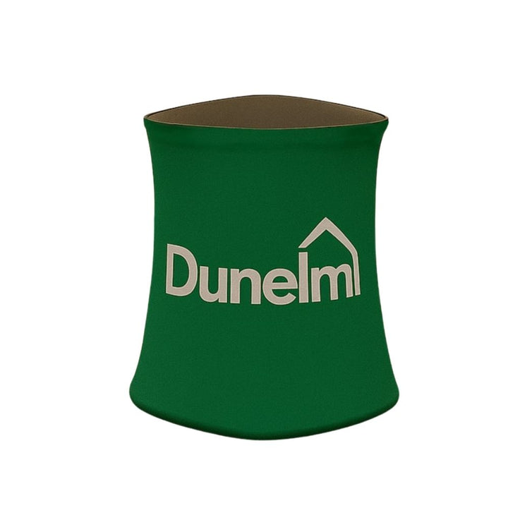 Printed triangular event counter – 600mm compact fabric unit with black wood surface for trade shows and activations  