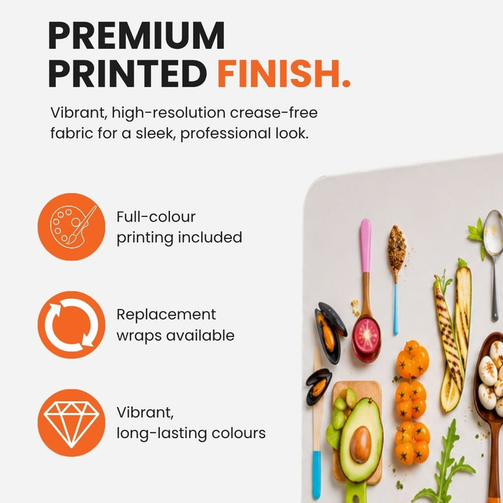 Printed fabric detail highlighting the full-colour dye-sublimation finish and replaceable graphic cover used on the reusable exhibition frame.