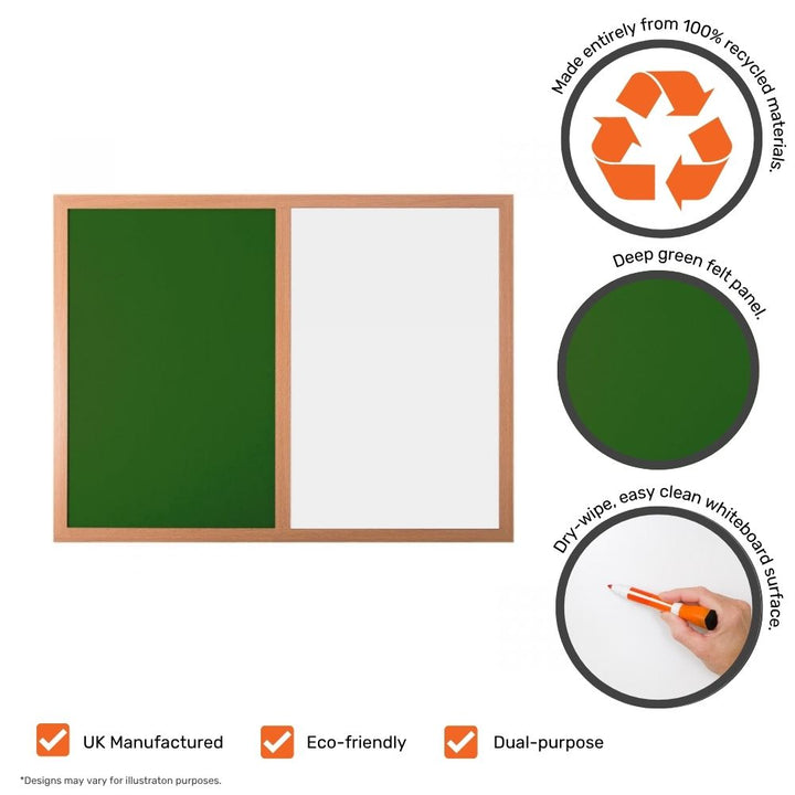 Dual-purpose combination board with deep green felt and dry-wipe whiteboard surfaces, made from 100% recycled materials, with eco-friendly and UK-manufactured icons.