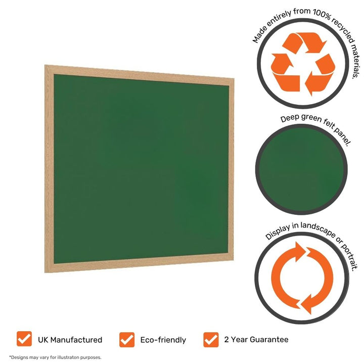 Eco-friendly green felt noticeboard with a wooden frame, displayed alongside icons highlighting UK manufacturing, use of 100% recycled materials, landscape or portrait mounting, and a 2-year guarantee.