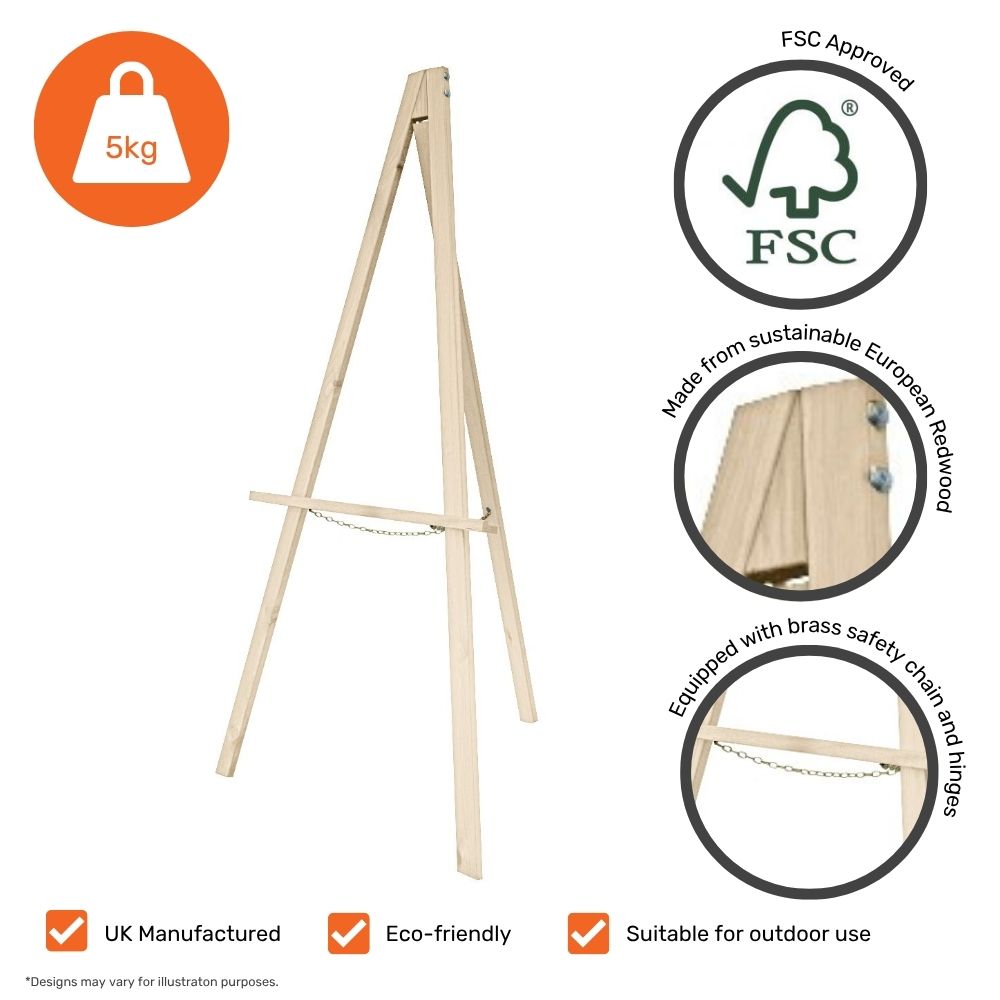 FSC-certified wooden easel made from sustainable European redwood, featuring brass safety chain and hinges, ideal for eco-conscious outdoor use.

