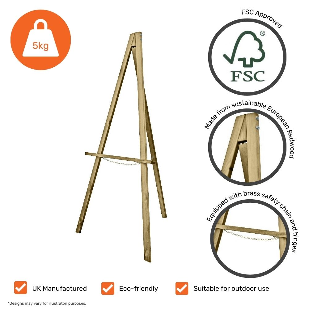 Eco-conscious wooden easel made from FSC-certified European redwood, with brass safety chain and hinges, ideal for weddings and events.

