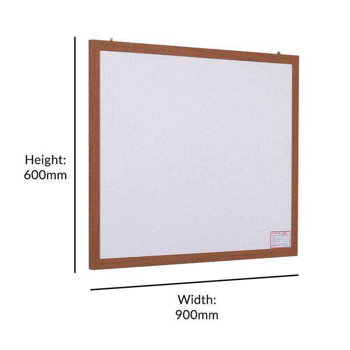 Eco-friendly whiteboard with a wood-effect frame, measuring 900 x 600mm.
