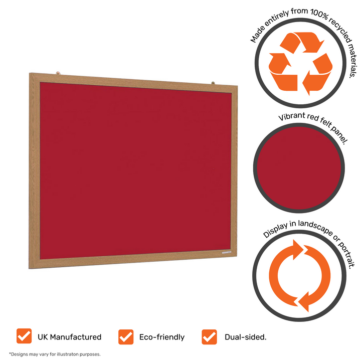 Recycled red felt noticeboard in a wood-effect frame, portrait or landscape, for safety-notice walls in healthcare settings and public sector workplaces.

