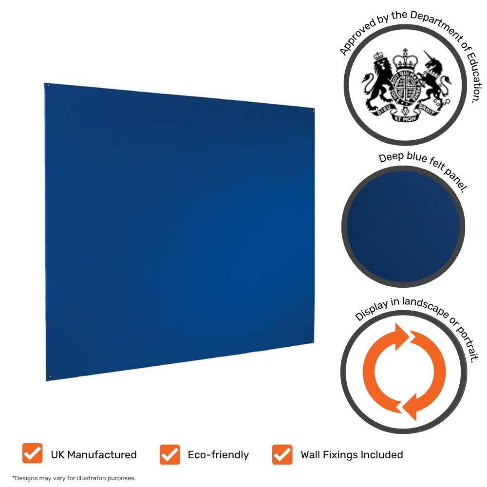 Deep blue felt pinboard with callouts highlighting Department of Education approval, a close-up of the blue panel texture, portrait or landscape orientation, and icons for UK manufacturing, eco-friendliness, and included wall fixings.







