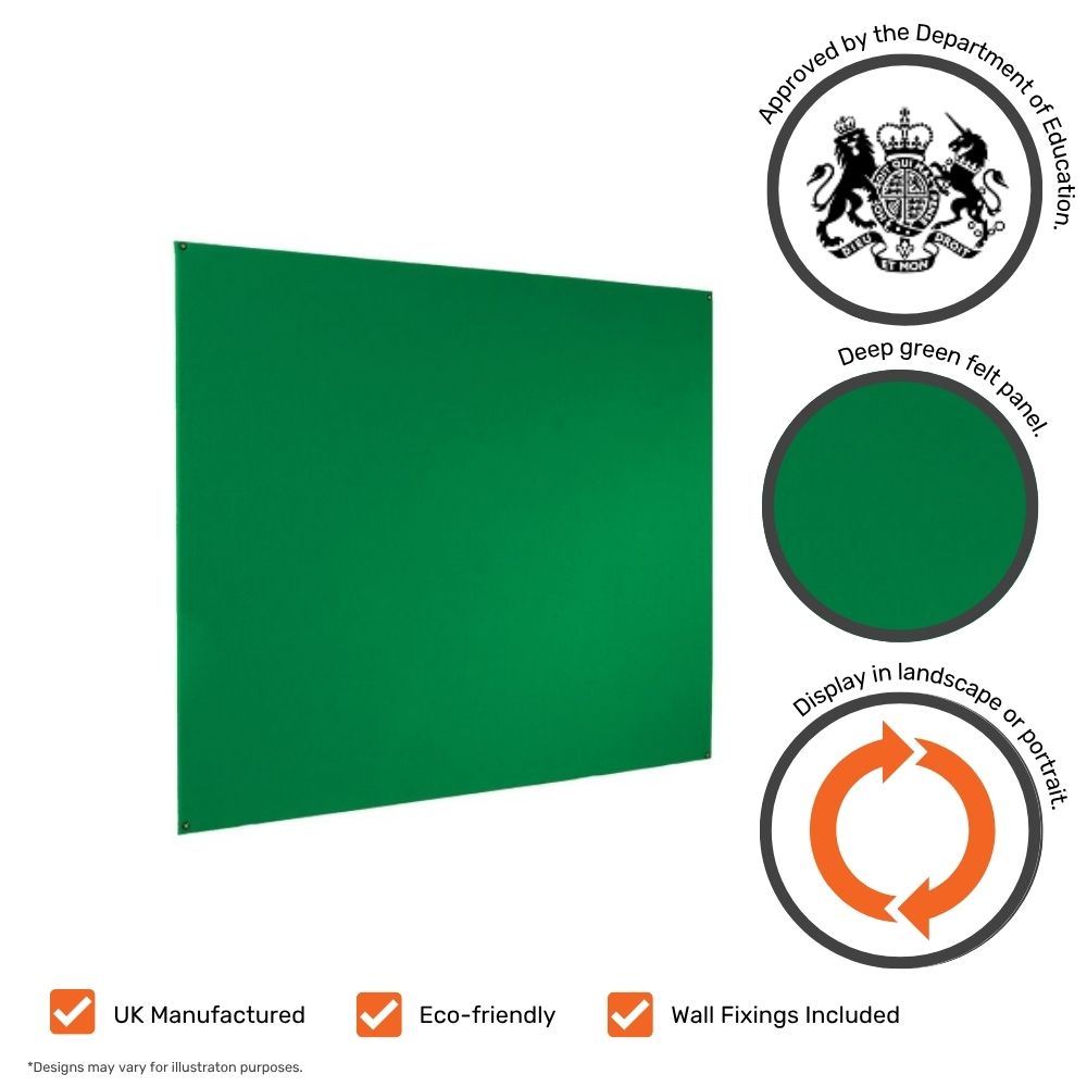 Deep green felt pinboard with annotations showcasing Department of Education approval, a close-up of the green panel texture, portrait or landscape mounting option, and icons for UK manufacturing, eco-friendliness, and included wall fixings.







