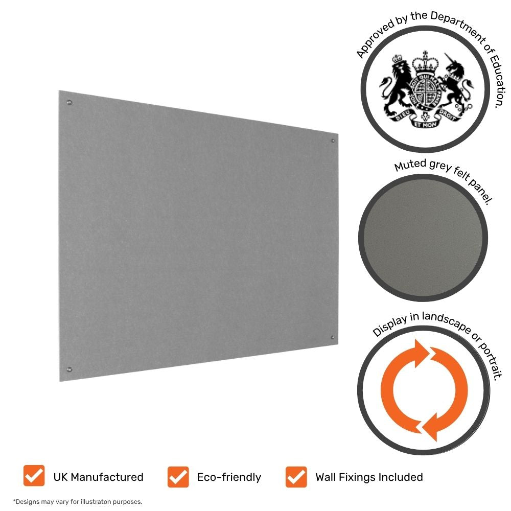 Grey felt pinboard with annotations showing Department of Education approval, muted grey panel close-up, landscape or portrait display options, and icons for UK manufacturing, eco-friendliness, and included wall fixings.

