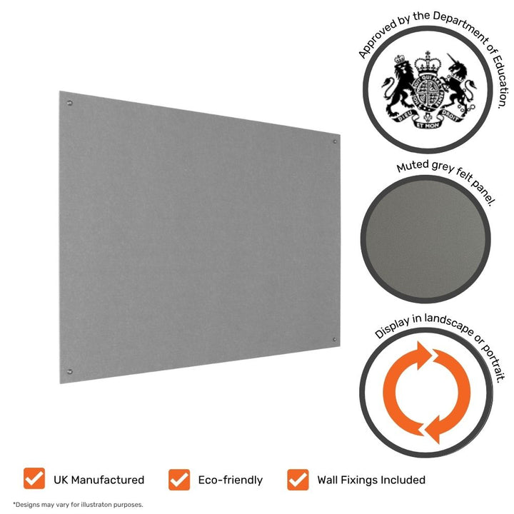 Grey felt pinboard with annotations showing Department of Education approval, muted grey panel close-up, landscape or portrait display options, and icons for UK manufacturing, eco-friendliness, and included wall fixings.

