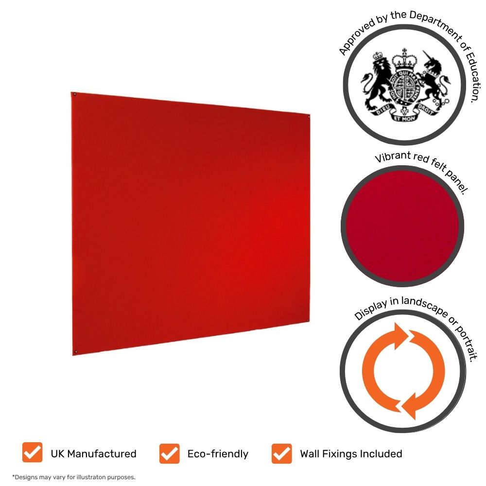 Vibrant red felt pinboard with callouts showing Department of Education approval, close-up of red panel texture, landscape or portrait display option, and icons for UK manufacturing, eco-friendliness, and included wall fixings.







