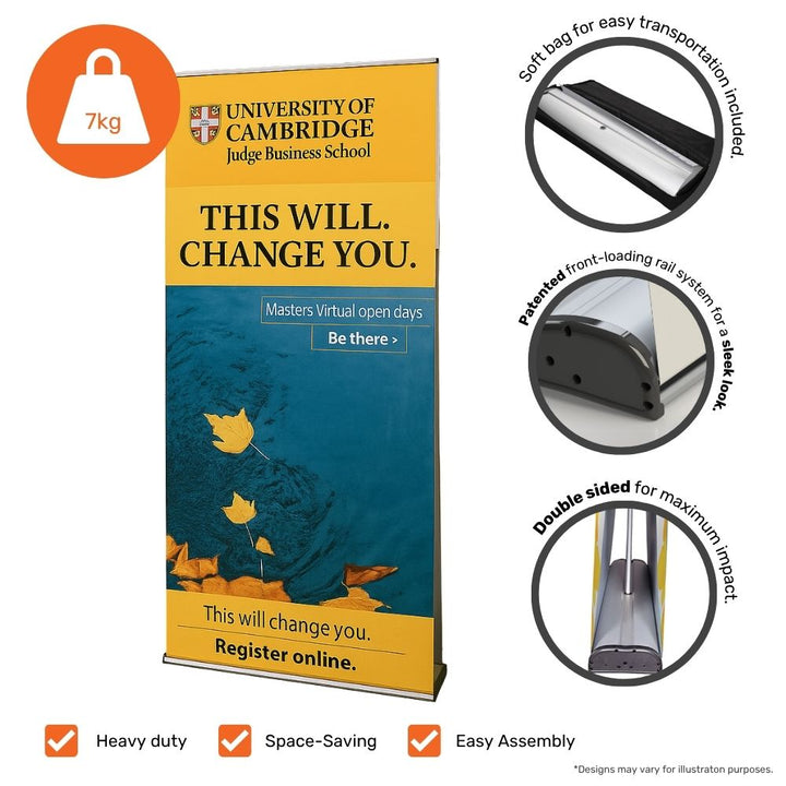 Educational banner kit showcasing University of Cambridge print, highlighting soft bag, sleek rail system, and double-sided design for impactful academic promotions.


