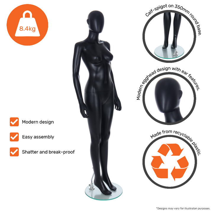 Matt black female egghead mannequin with ear features for accessories, calf-spigot 350mm round base, recyclable and shatter-proof for retail fashion displays.
