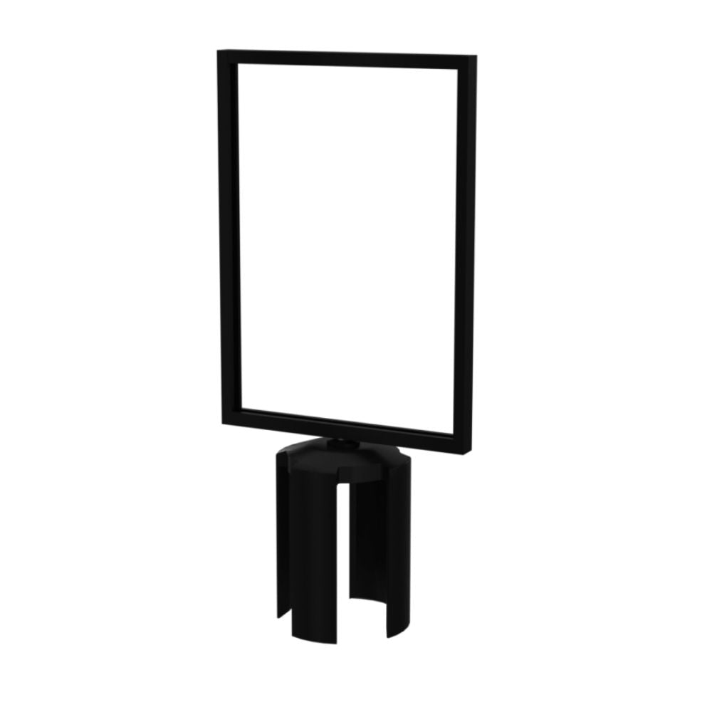 A plain vertical black barrier sign holder with an empty frame, suitable for A4 or A3 posters.