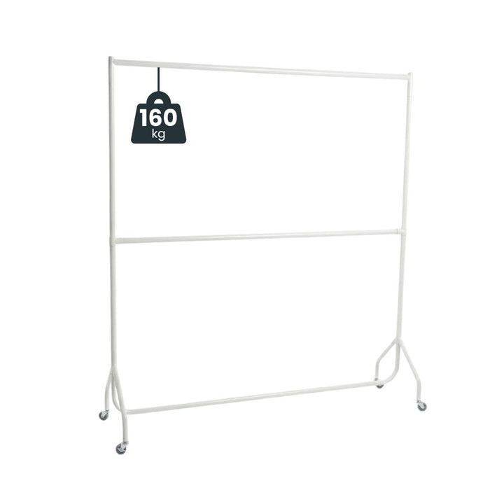 Angled view of an empty white two-tier steel clothes rail on four castors, with a 160kg load marker hanging from the upper bar.
