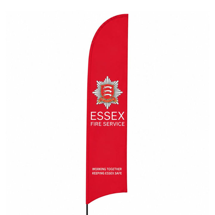 Essex Fire Service branded red feather flag with curved top design and outdoor spike base for promotional and public sector events.