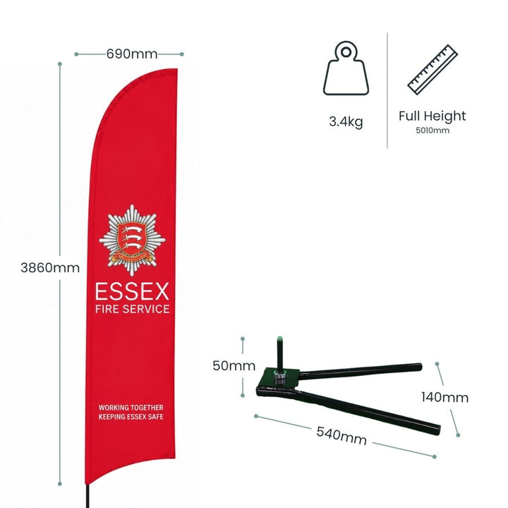 Technical specification image showing Essex Fire Service feather flag dimensions, 5m full height and metal spike base measurements for outdoor installation.