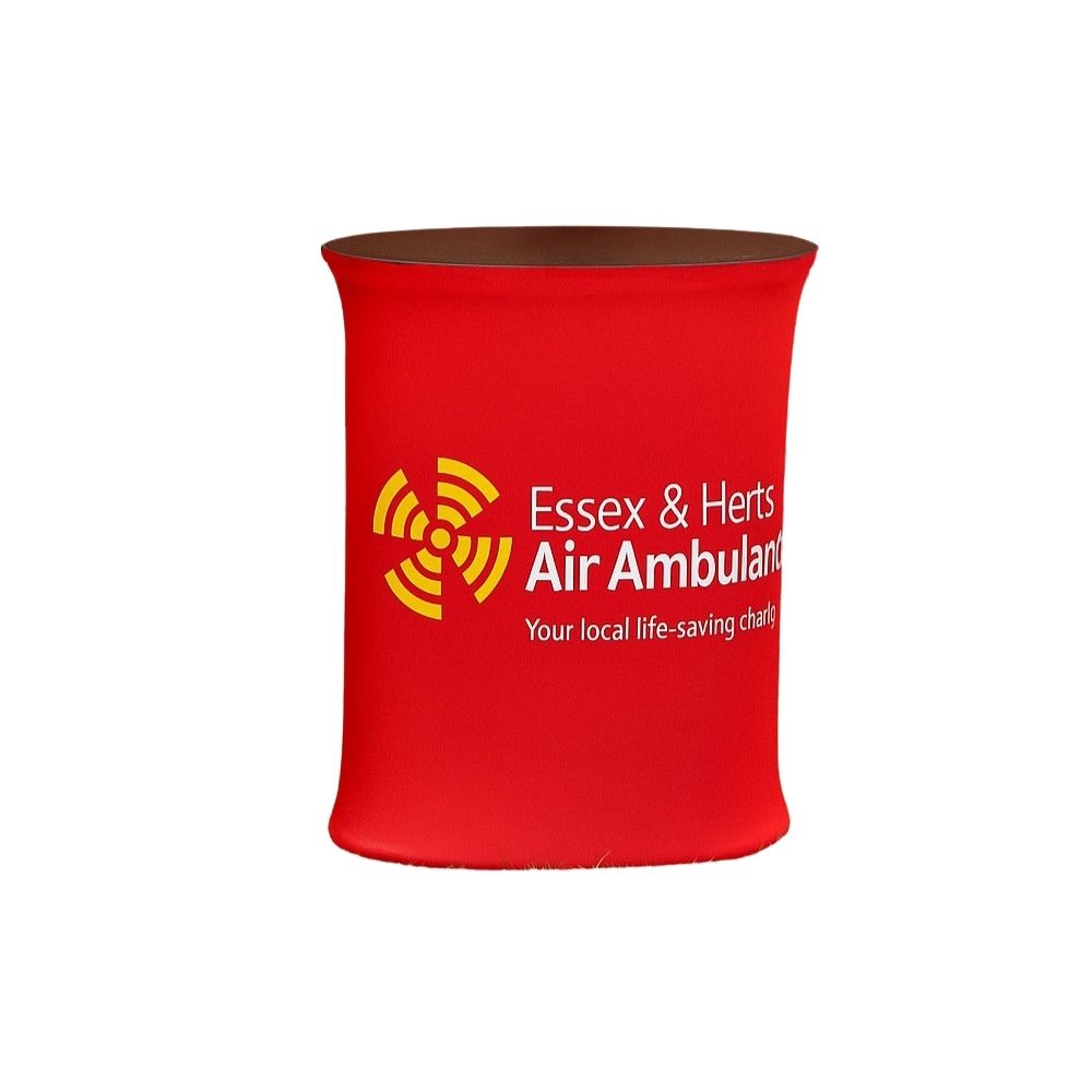 Oval fabric promo counter – 450mm portable exhibition stand with black wood top and full-colour branded print  