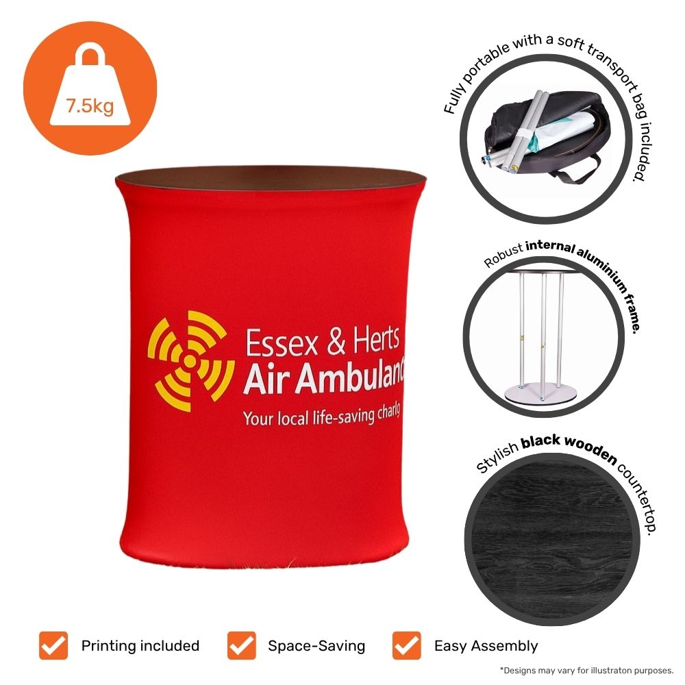 Curved tension fabric display counter – 450mm wide with black wooden top and logo print for events and retail spaces  
