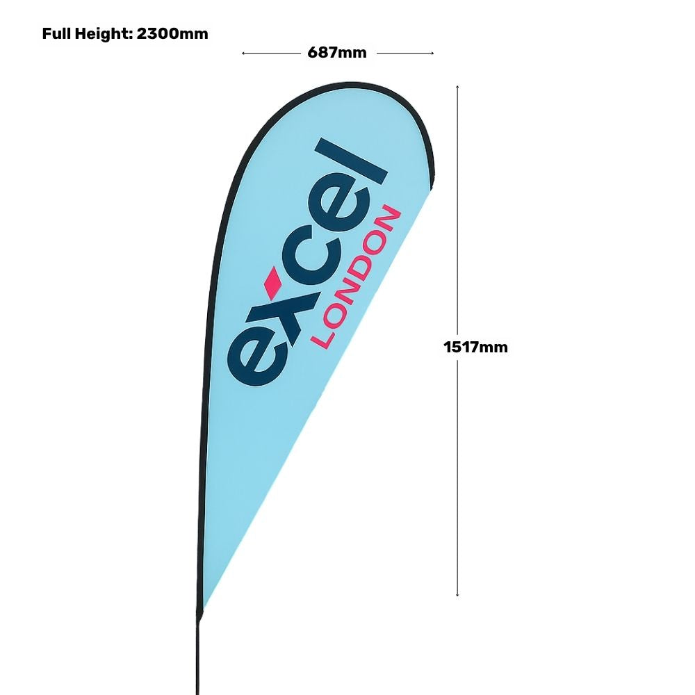 Outdoor teardrop feather flag – 2.3m single-sided print with ground spike for forecourts, sports events or fairs