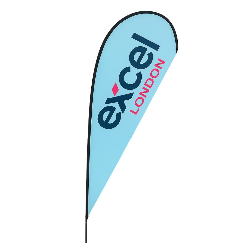 Single-sided teardrop banner – 2.3 metre display flag with custom print and spike base for exhibitions or promotions